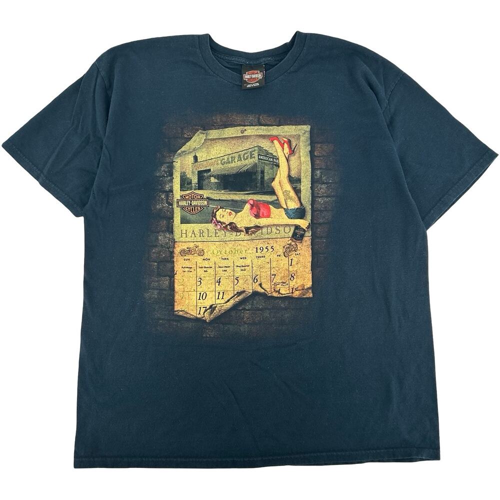 VTG y2k Mens Navy Harley Davidson Pin Up Girl Shawano County Graphic T Shirt XL